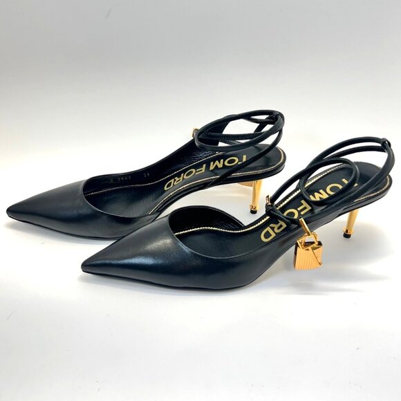 Tom Ford Padlock Black Leather Heels Women Pointed Toe Golden Kitty Heel Size 39 - Picture 3 of 13